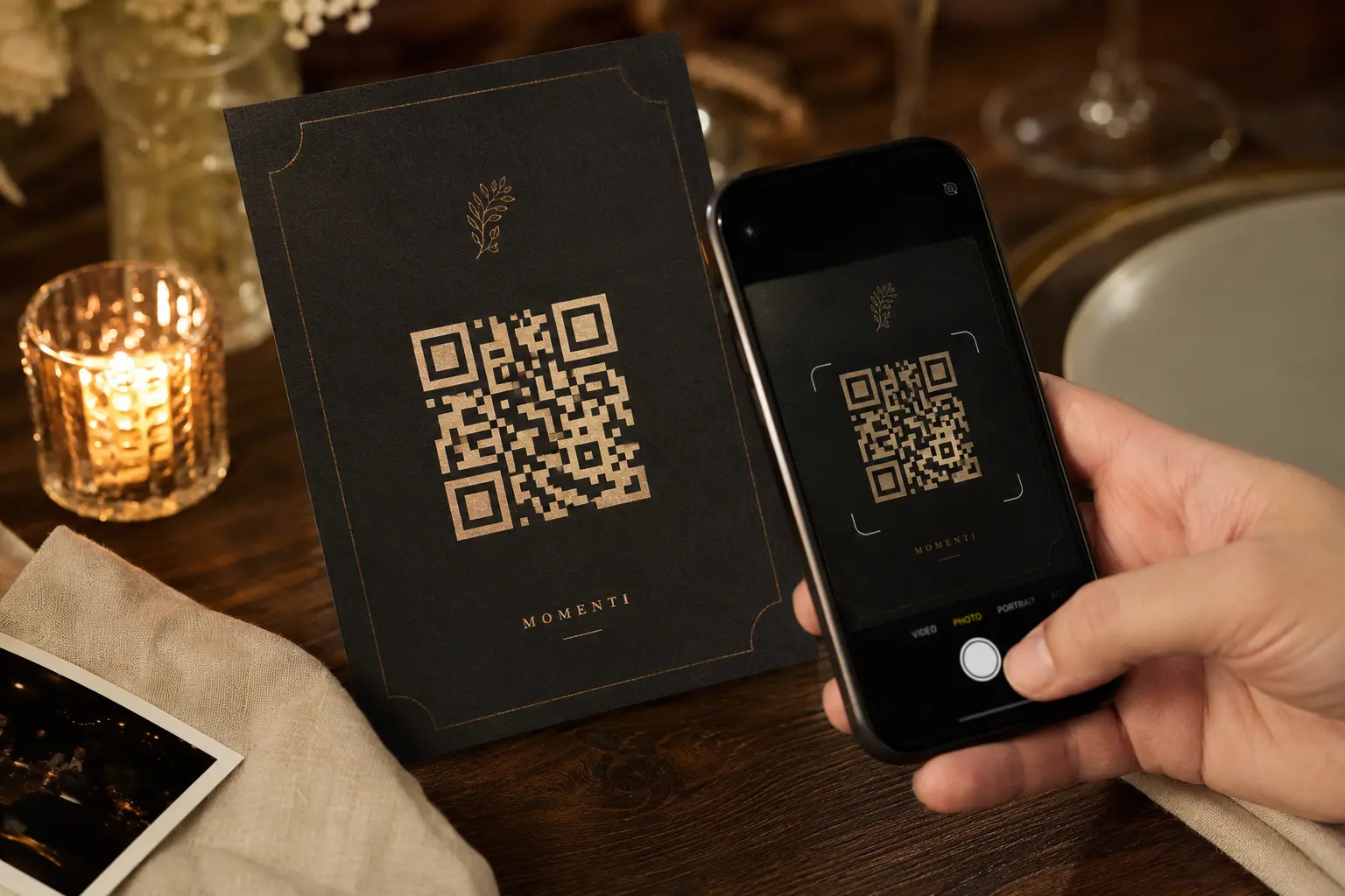 A guest scanning a Momenti QR card at a dinner table